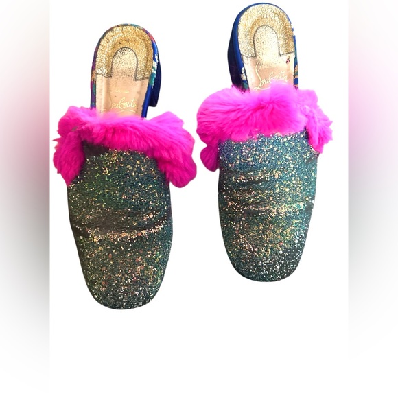 Christian Louboutin Boudiva Glitter Fur House Slip On Mules Slippers Flats - Picture 6 of 11